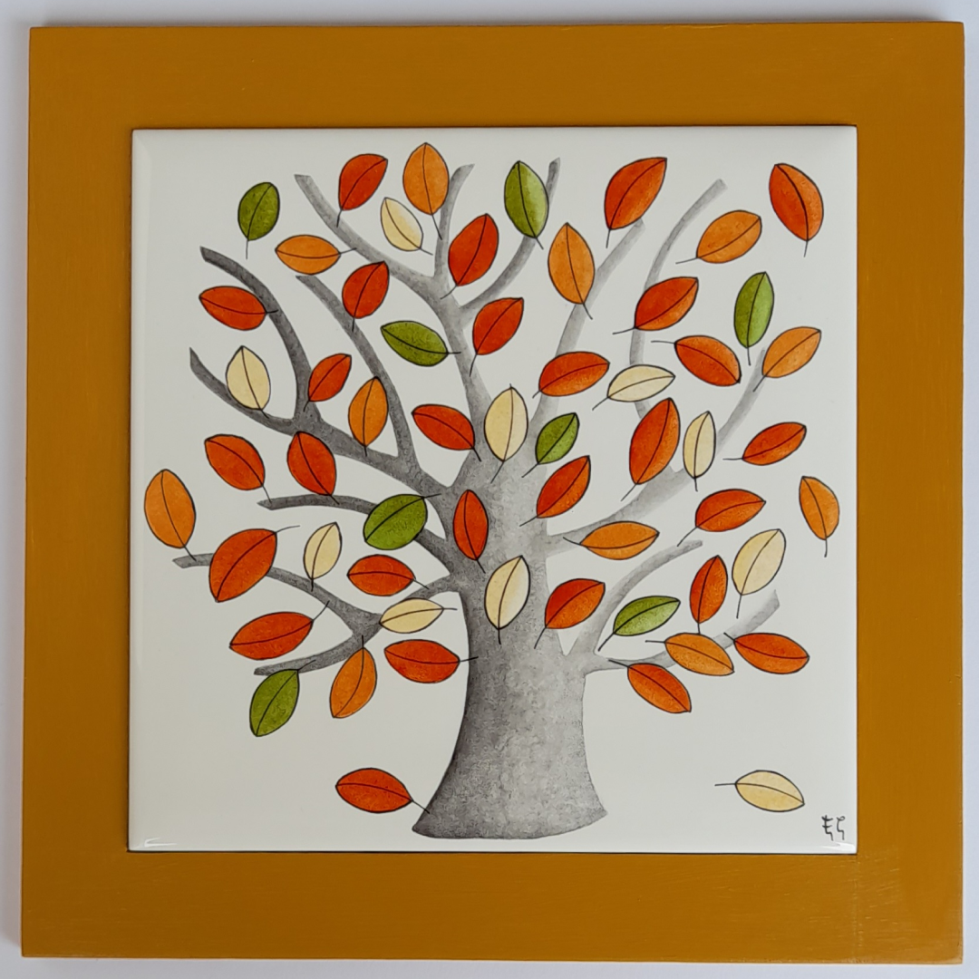 Photo de la décoration murale "Arbre en automne", carreau de céramique peint à la main