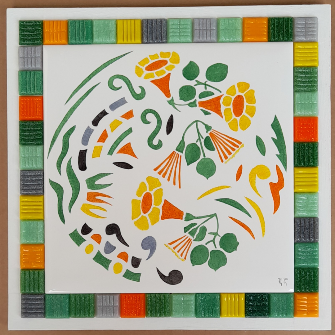 Photo de la décoration murale "Bignone", carreau de céramique représentant une bignone peint à la main