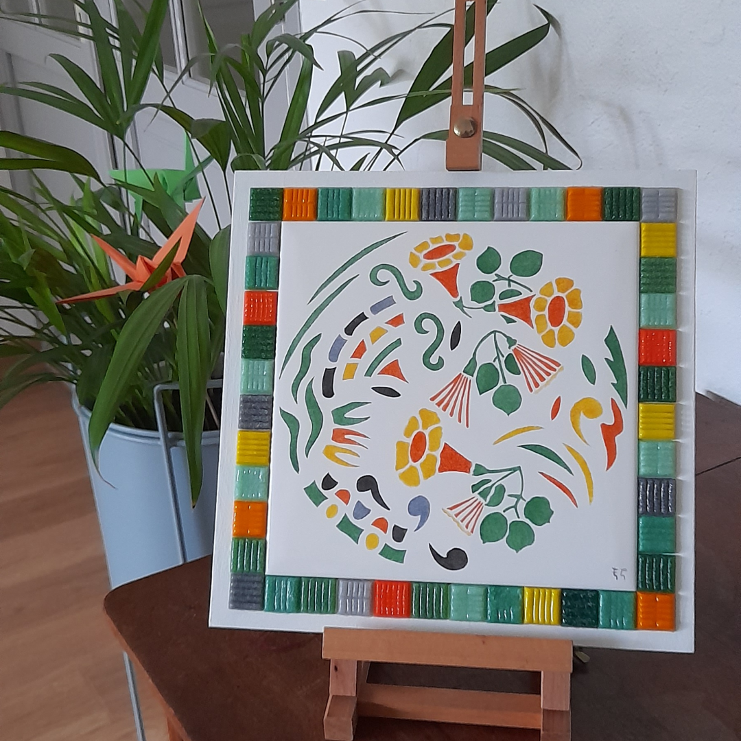 Photo de la décoration murale "Bignone" sur trépied, carreau de céramique représentant une bignone peint à la main