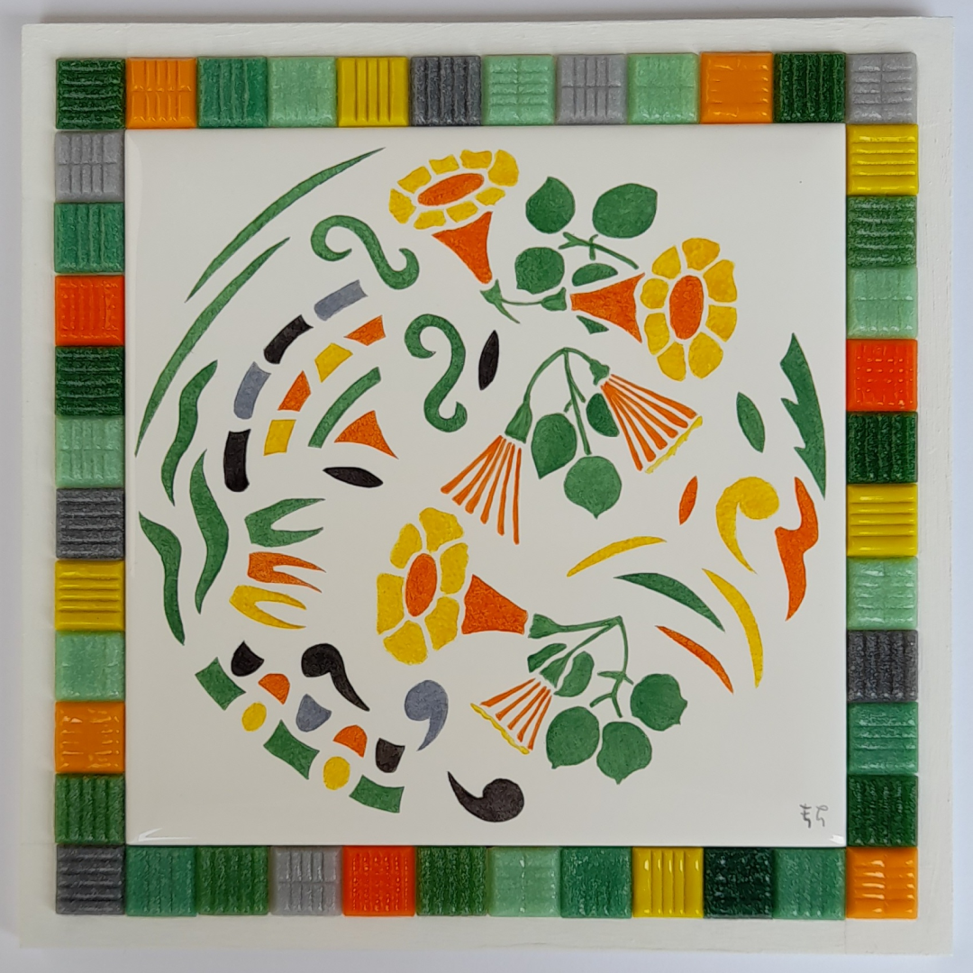 Photo de la décoration murale "Bignone", carreau de céramique représentant une bignone peint à la main