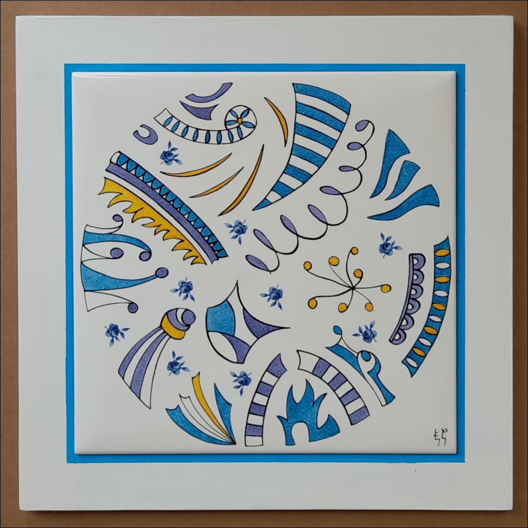 Photo de la décoration murale "Bleu graphique", carreau de céramique peint à la main