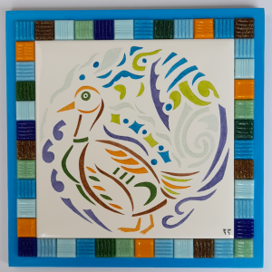 Photo de la décoration murale "Canard", carreau de céramique représentant un canard peint à la main