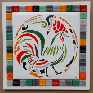 Photo de la décoration murale "Coq", carreau de céramique représentant un coq peint à la main