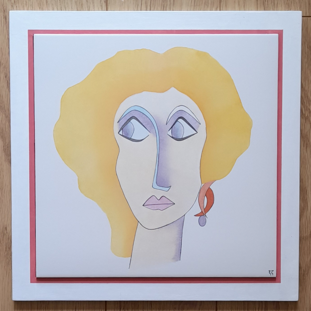 Photo de la décoration murale "Dame blonde", carreau de céramique peint à la main