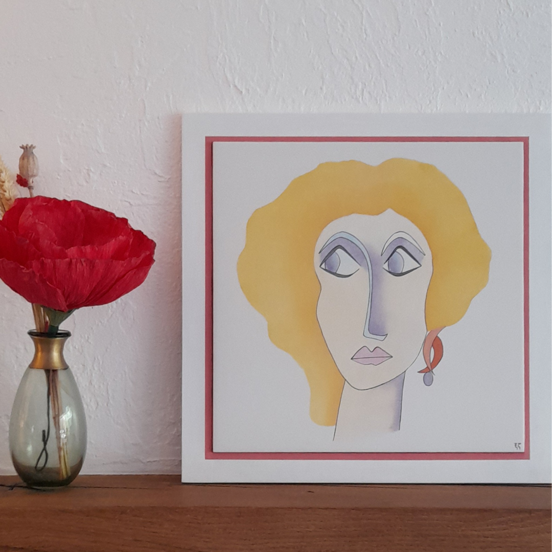 Photo de la décoration murale "Dame blonde", carreau de céramique peint à la main