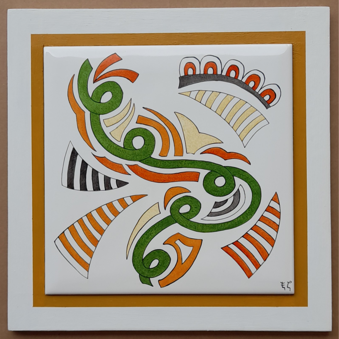 Photo de la décoration murale "Inca", carreau de céramique peint à la main