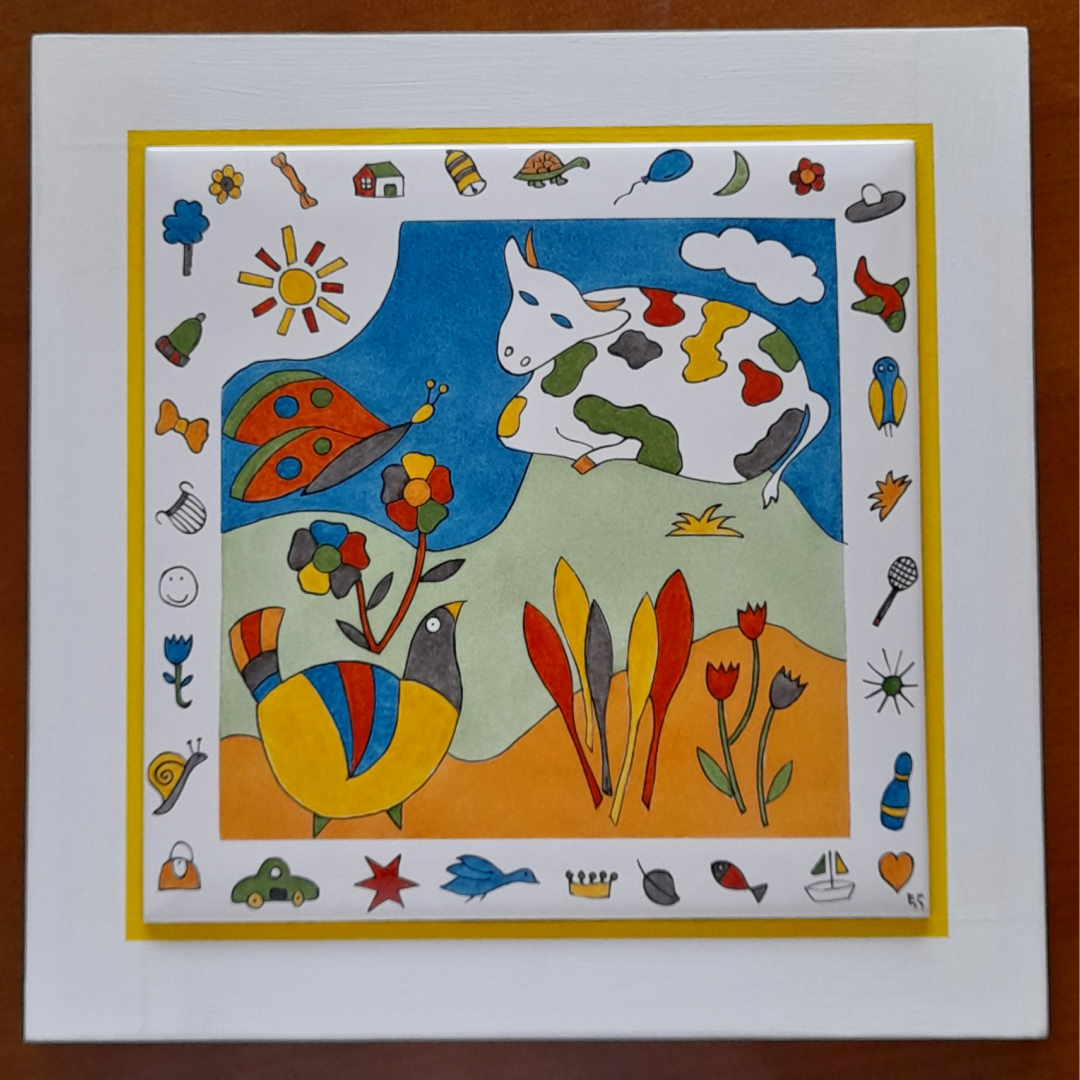 Photo de la décoration murale "La vaca", carreau de céramique peint à la main