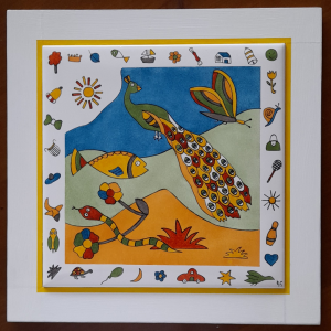 Photo de la décoration murale "Le paon", carreau de céramique peint à la main