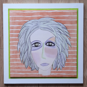 Photo de la décoration murale "Les yeux gris", carreau de céramique peint à la main