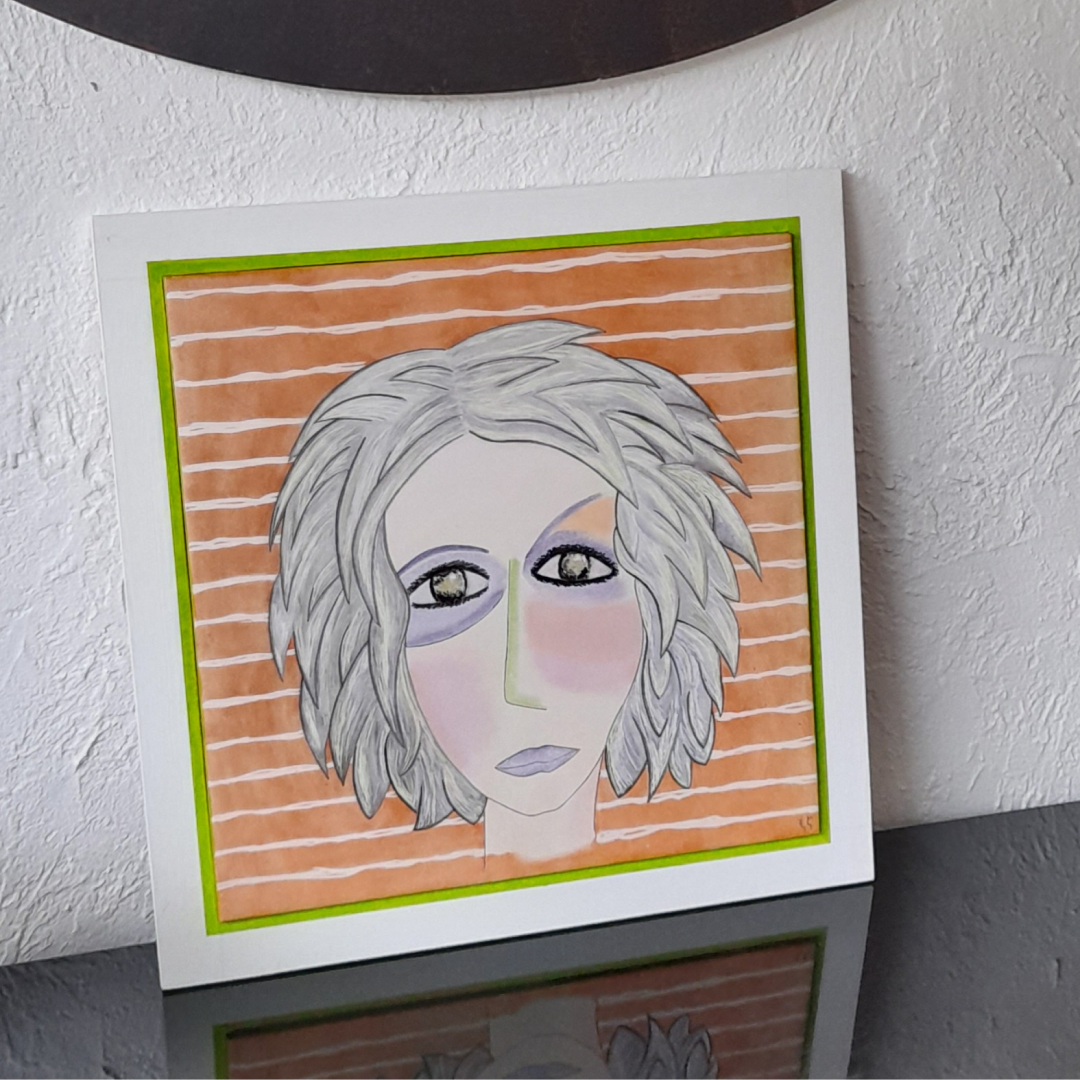 Photo de la décoration murale "Les yeux gris", carreau de céramique peint à la main