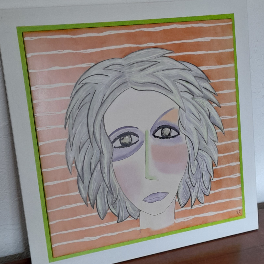 Photo de la décoration murale "Les yeux gris", carreau de céramique peint à la main