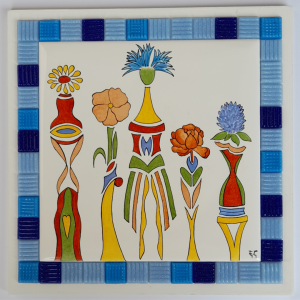 Photo de la décoration murale "Mesdames les fleurs", carreau de céramique peint à la main