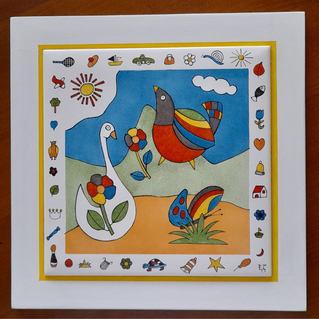 Photo de la décoration murale "L'oie blanche", carreau de céramique peint à la main