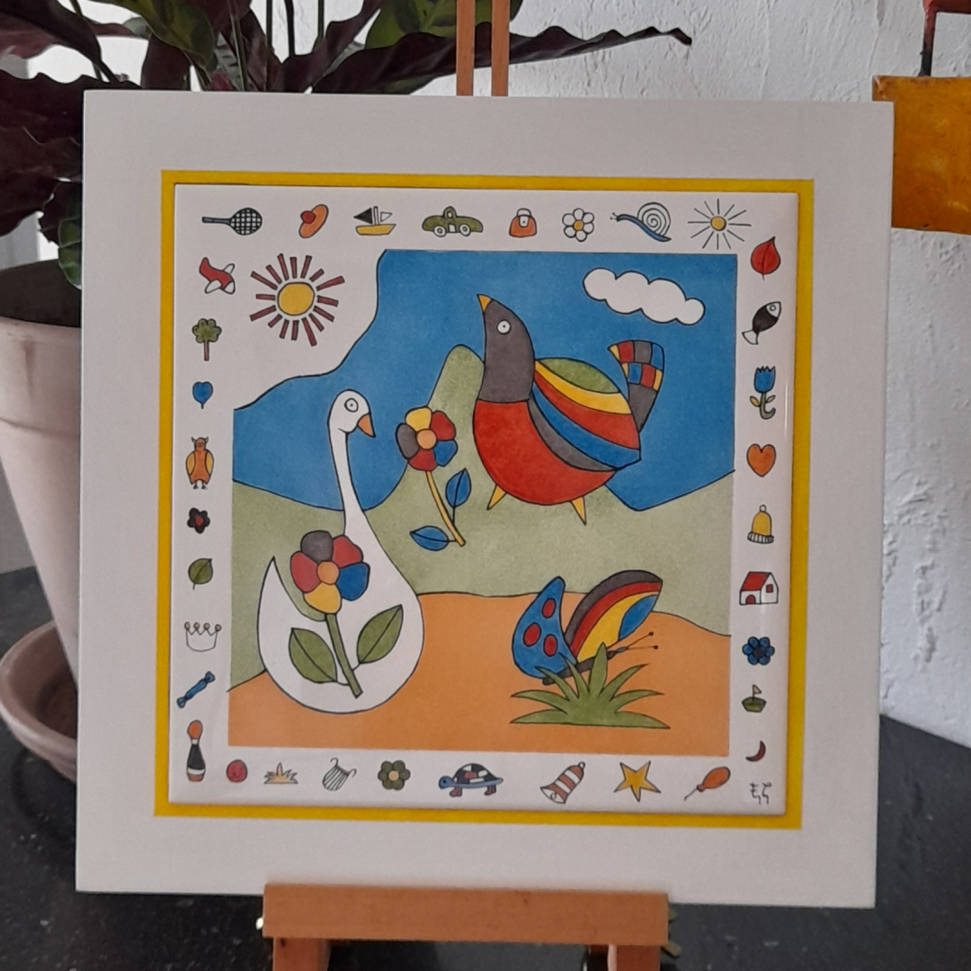 Photo de la décoration murale "L'oie blanche", carreau de céramique peint à la main