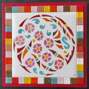 Photo de la décoration murale "Pâquerettes roses", carreau de céramique peint à la main et représentant des pâquerettes