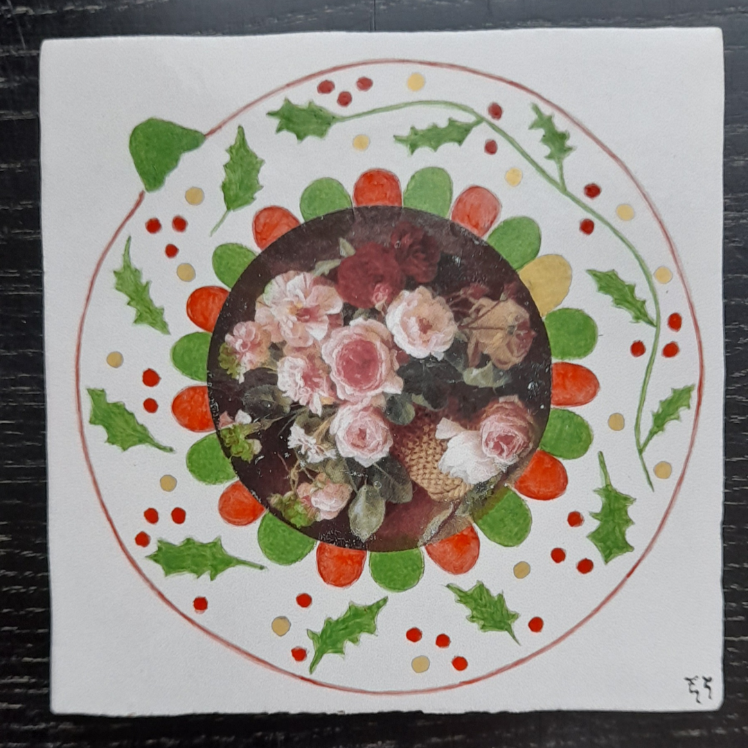 Photo d'un des dessous de verre de Noël "Quatre boules de Noël en bouquet", carreau de céramique peint à la main