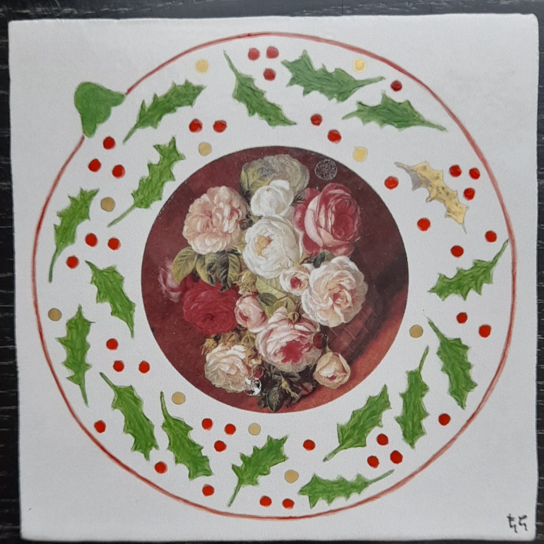 Photo d'un des dessous de verre de Noël "Quatre boules de Noël en bouquet", carreau de céramique peint à la main