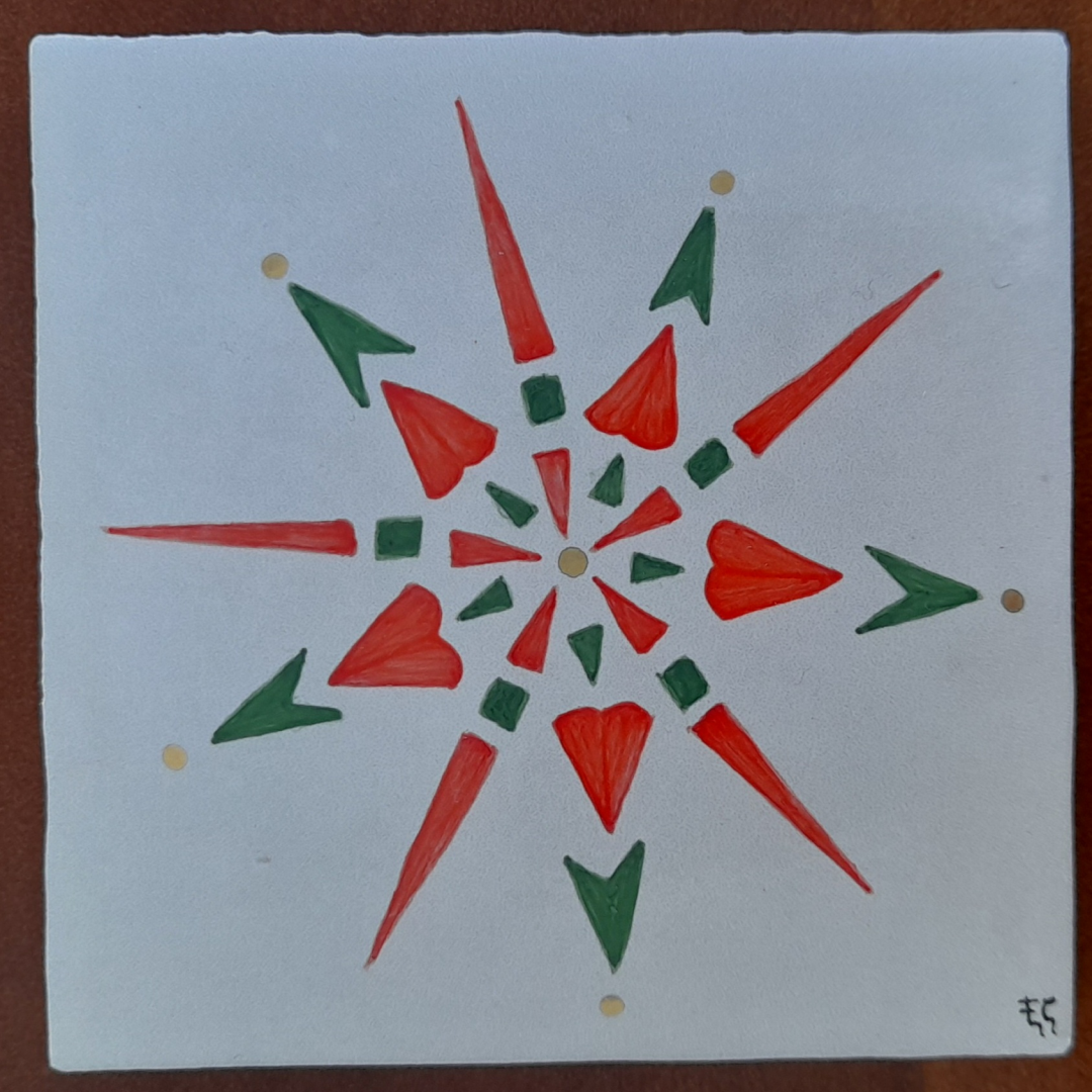 Photo d'un des dessous de verre de Noël "Etoiles de Noël", carreau de céramique peint à la main