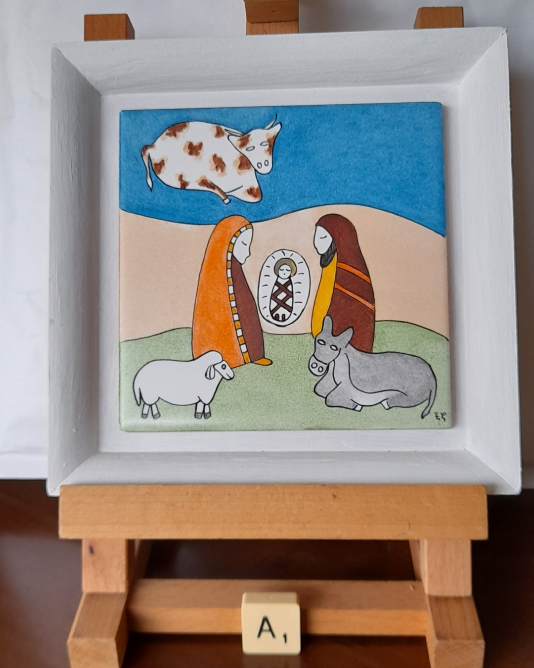 Photo de la décoration murale de Noël "Mini crèche et animaux", carreau de céramique peint à la main