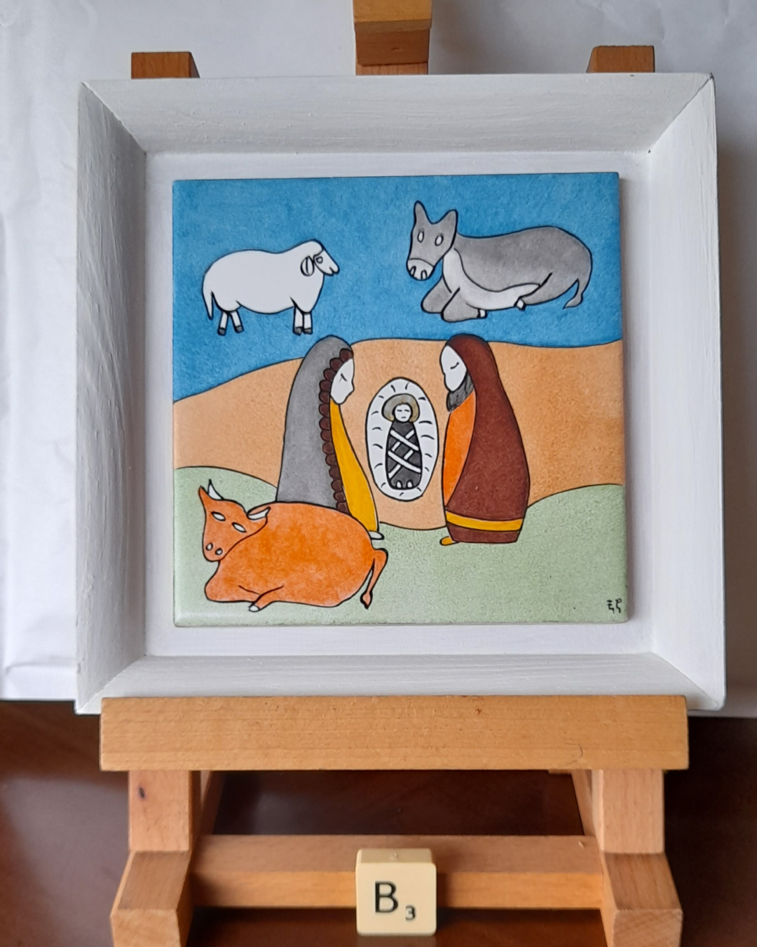 Photo de la décoration murale de Noël "Mini crèche et animaux", carreau de céramique peint à la main