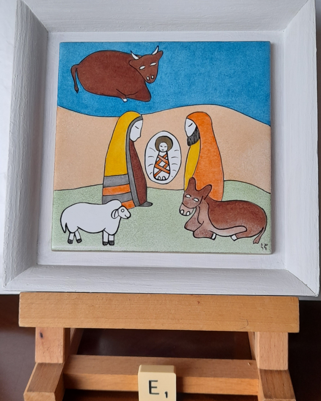 Photo de la décoration murale de Noël "Mini crèche et animaux", carreau de céramique peint à la main