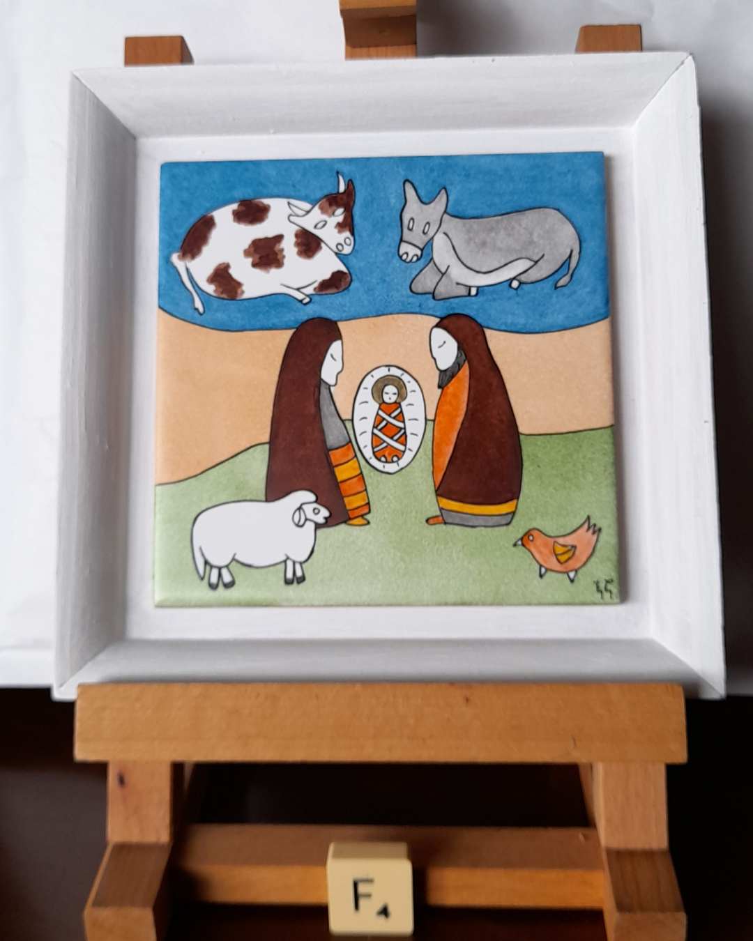 Photo de la décoration murale de Noël "Mini crèche et animaux", carreau de céramique peint à la main