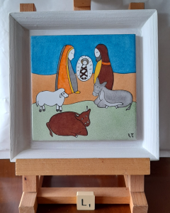 Photo de la décoration murale de Noël "Mini crèche et animaux", carreau de céramique peint à la main