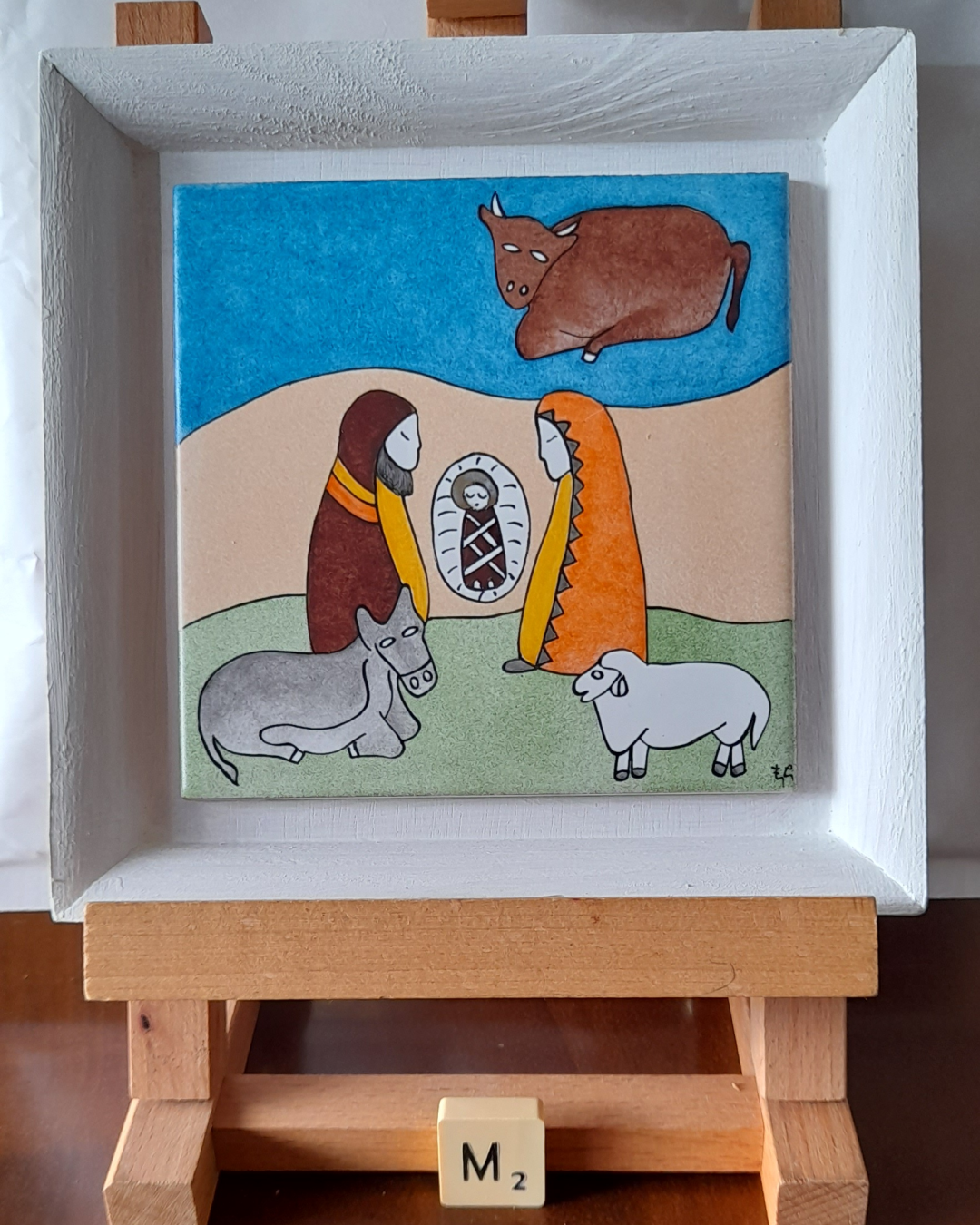 Photo de la décoration murale de Noël "Mini crèche et animaux", carreau de céramique peint à la main