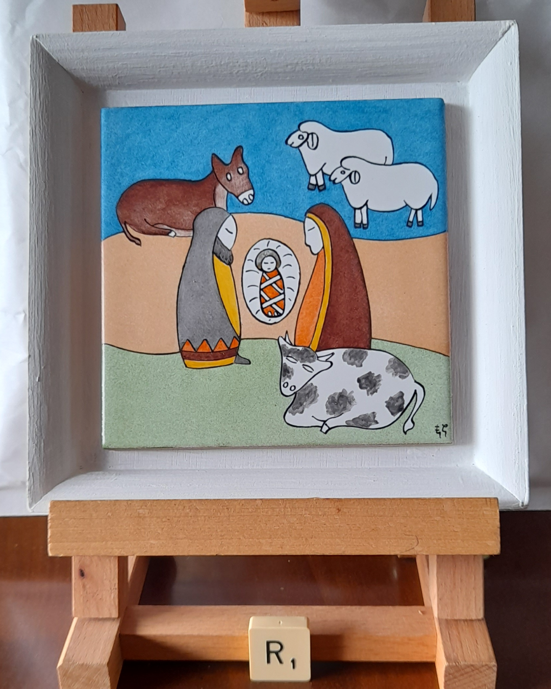 Photo de la décoration murale de Noël "Mini crèche et animaux", carreau de céramique peint à la main