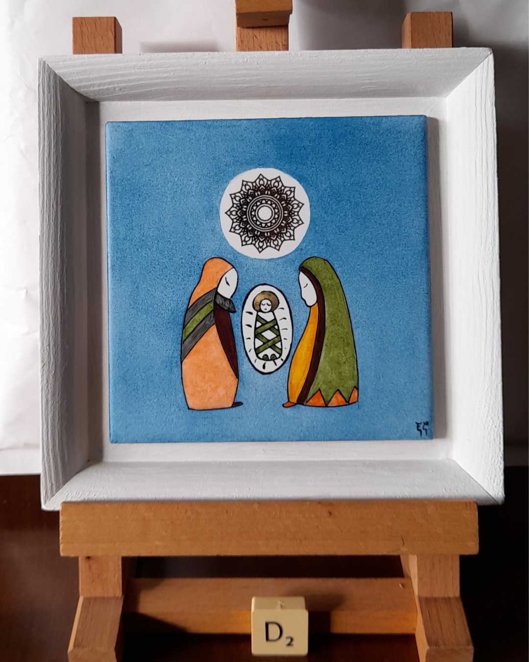 Photo de la décoration murale de Noël "Mini crèche étoilée", carreau de céramique peint à la main