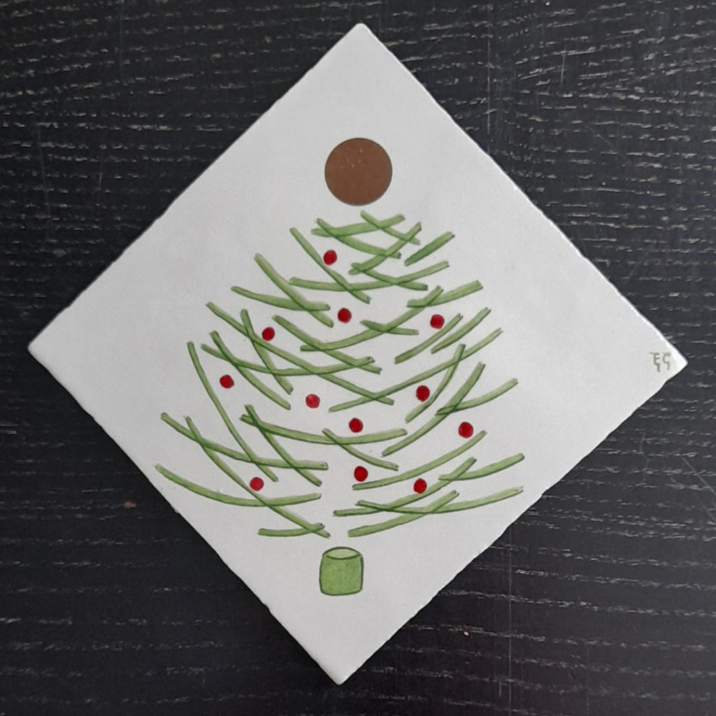 Photo d'un des dessous de verre de Noël "Six sapins de Noël", carreau de céramique peint à la main